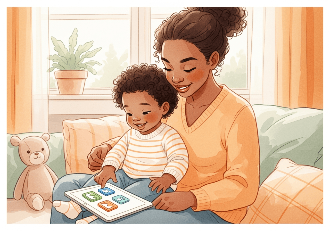 A joyful Black mother and toddler exploring picture buttons together on a tablet