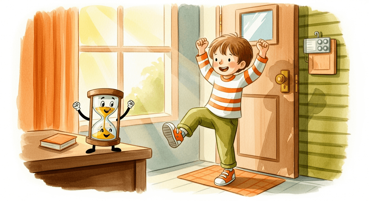 Child cheerfully bouncing through a sunlit room with the Lickety Split hourglass character